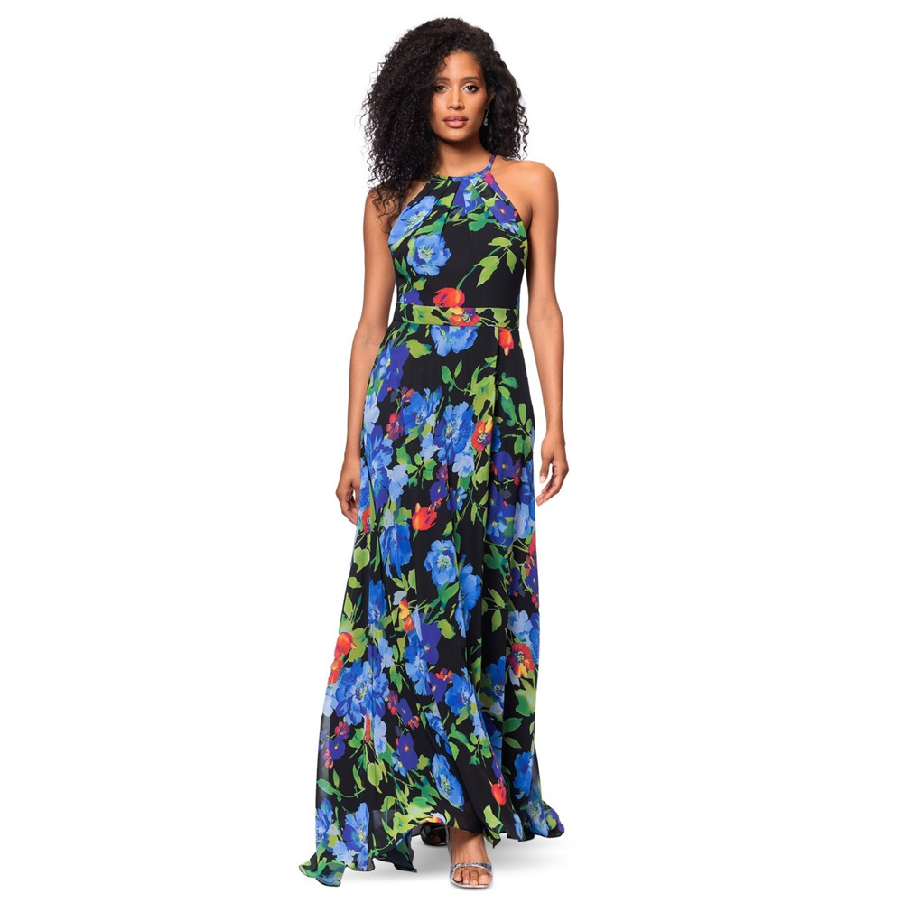 STUNNING NWT Betsy & Adam Printed Chiffon Halter-Neck Gown Black Multi, 6. $179